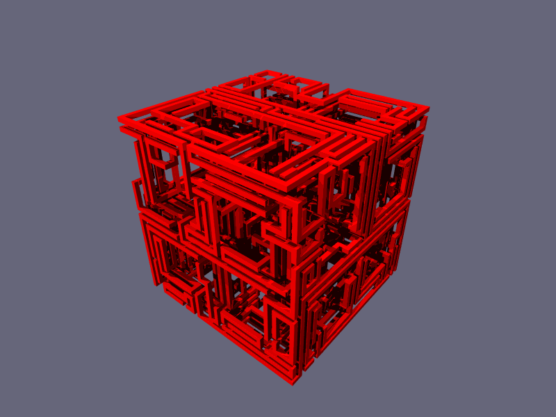 A red loop with a square profile is folded in upon itself multiple times, seemingly at random to occupy a cubical area. The cube has a series of voids consisting of four evenly spaced squares on each face that form holes through the cube.