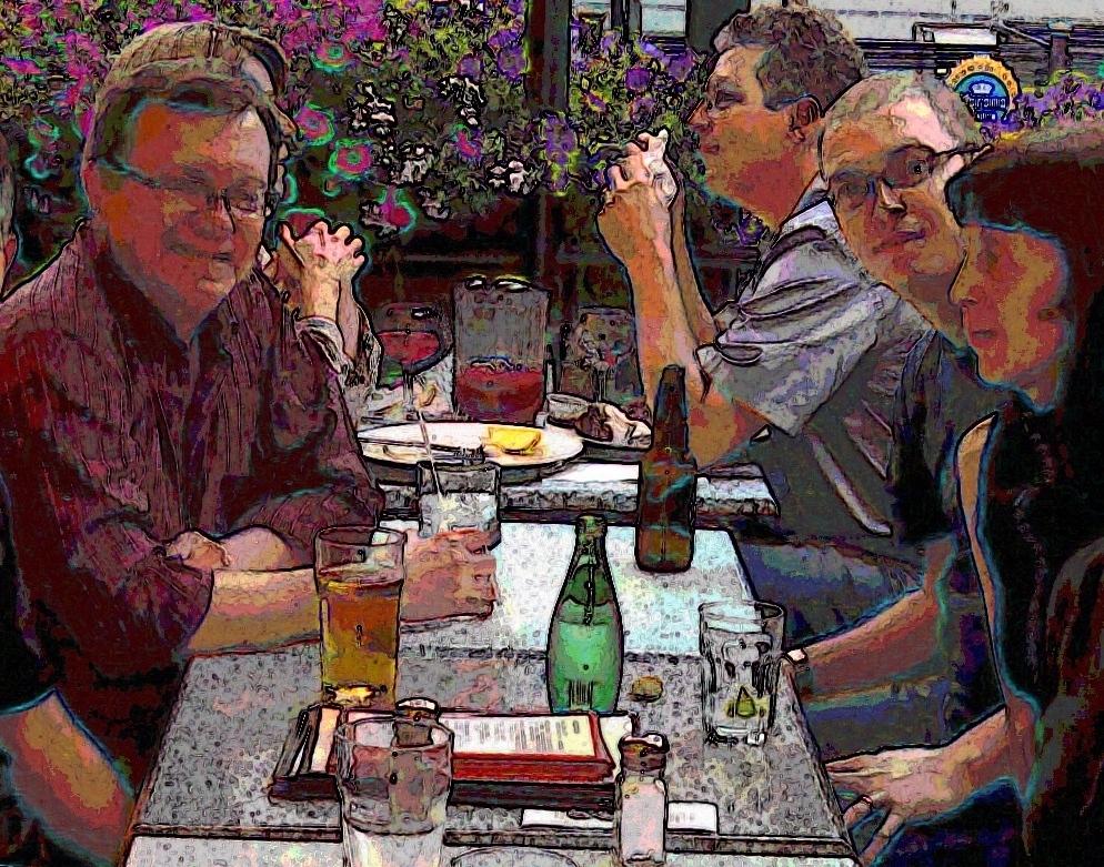 A highly processed image of five people sitting at a restaurant table. Two are looking at the camera. The tables contain menus, glasses, plates. The background is an abstract floral pattern.