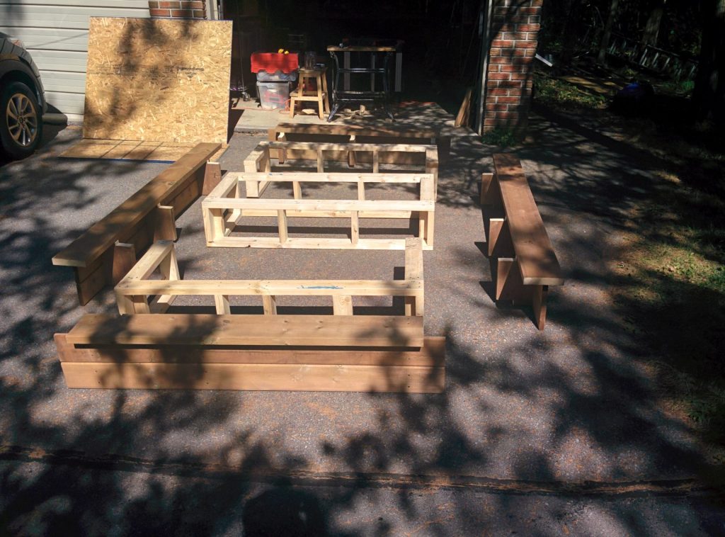 components of the bed: three core boxes made from 2x4's, assemblies made form deck boards for the sides.